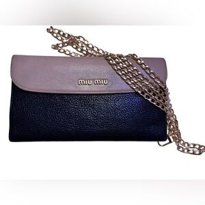Authentic Miu Miu Two-Tone Black & Taupe Leather wallet w/COA & gold chain